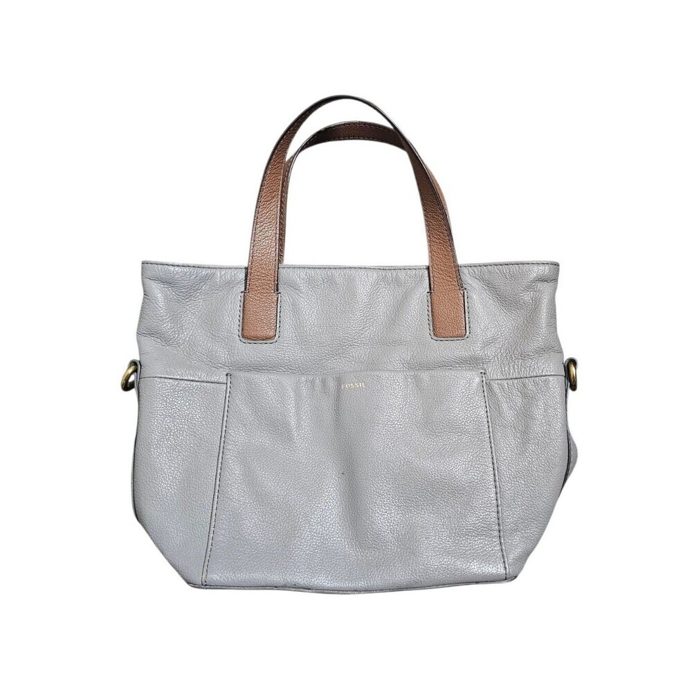 Fossil Light Gray Leather Tote with Brown Handles